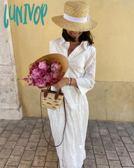 Lunivop Women Chic Embroidered Lace Up Midi Dress Elegant Lapel Long Sleeve Single Breasted