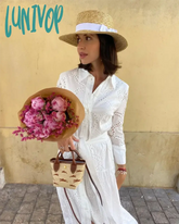 Lunivop Women Chic Embroidered Lace Up Midi Dress Elegant Lapel Long Sleeve Single Breasted