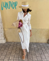 Lunivop Women Chic Embroidered Lace Up Midi Dress Elegant Lapel Long Sleeve Single Breasted