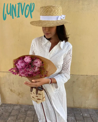 Lunivop Women Chic Embroidered Lace Up Midi Dress Elegant Lapel Long Sleeve Single Breasted