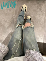 Lunivop Women Chic Japanese Vintage Hole Design Ripped Denim Pants Hip-Pop Straight Leg Long