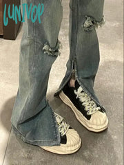 Lunivop Women Chic Japanese Vintage Hole Design Ripped Denim Pants Hip-Pop Straight Leg Long