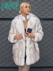 Lunivop Women Chic Tie Dyed Thicken Plush Coat Fashion Turn-Down Collar Long Sleeved Pockets