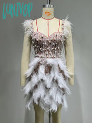 Lunivop Women Christmas Luxury Sexy V Neck Sequins White Feather Mini Dress Elegant Party Evening