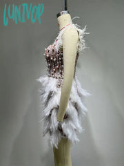 Lunivop Women Christmas Luxury Sexy V Neck Sequins White Feather Mini Dress Elegant Party Evening