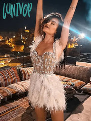 Lunivop Women Christmas Luxury Sexy V Neck Sequins White Feather Mini Dress Elegant Party Evening