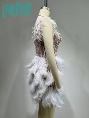 Lunivop Women Christmas Luxury Sexy V Neck Sequins White Feather Mini Dress Elegant Party Evening
