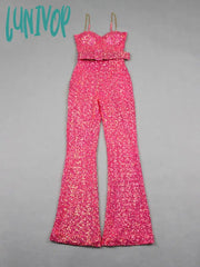Lunivop Women Christmas Sexy Backless Chain Mesh Sequins Pink Bodycon Jumpsuit High Street Rompers