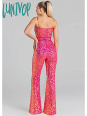 Lunivop Women Christmas Sexy Backless Chain Mesh Sequins Pink Bodycon Jumpsuit High Street Rompers