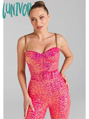 Lunivop Women Christmas Sexy Backless Chain Mesh Sequins Pink Bodycon Jumpsuit High Street Rompers