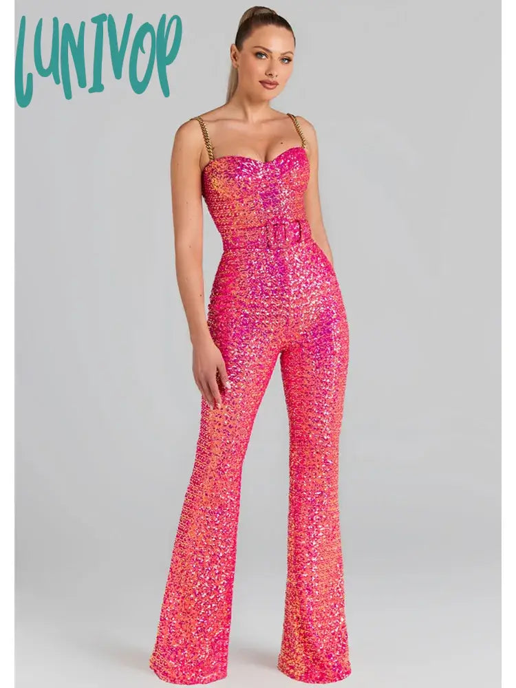 Lunivop Women Christmas Sexy Backless Chain Mesh Sequins Pink Bodycon Jumpsuit High Street Rompers