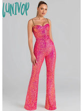 Lunivop Women Christmas Sexy Backless Chain Mesh Sequins Pink Bodycon Jumpsuit High Street Rompers