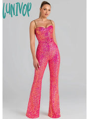 Lunivop Women Christmas Sexy Backless Chain Mesh Sequins Pink Bodycon Jumpsuit High Street Rompers