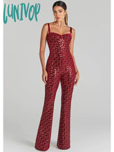 Lunivop Women Christmas Sexy Backless Mesh Sequins Burgundy Black Bodycon Jumpsuit High Street