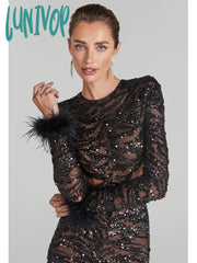 Lunivop Women Christmas Sexy Cut Out Feather Mesh Sequins Black Bodycon Jumpsuit High Street Rompers