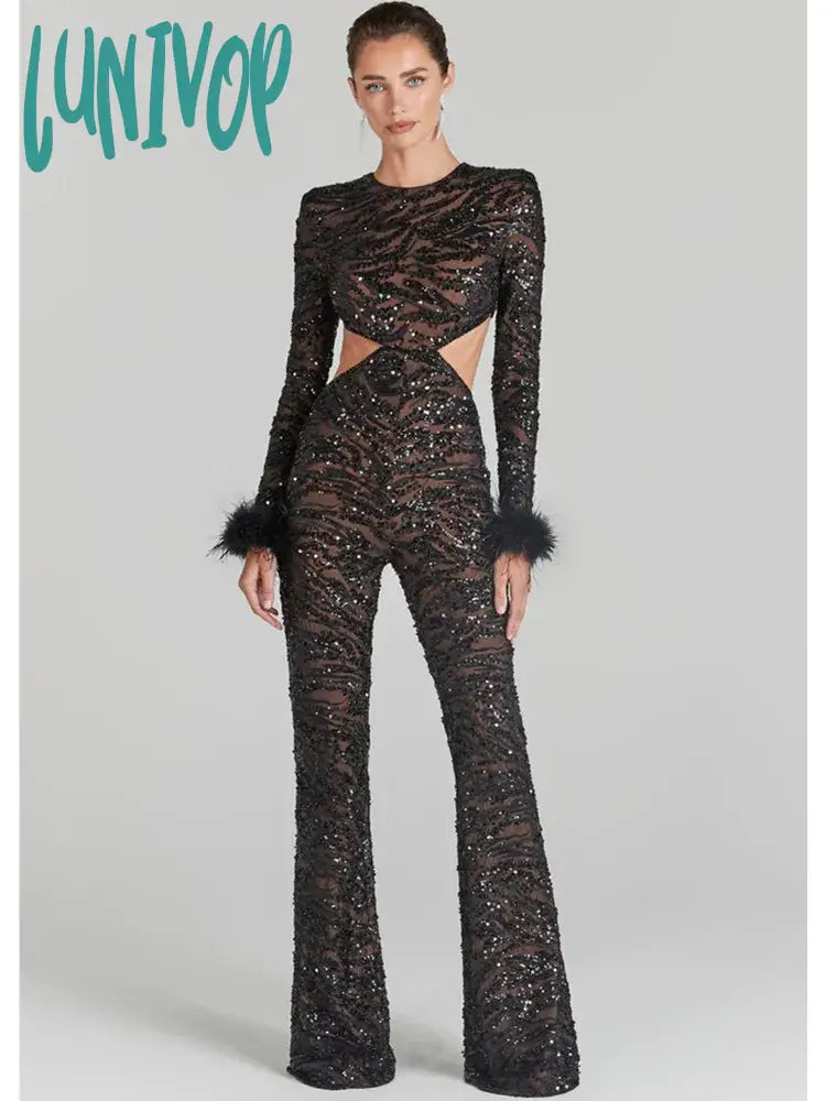 Lunivop Women Christmas Sexy Cut Out Feather Mesh Sequins Black Bodycon Jumpsuit High Street Rompers