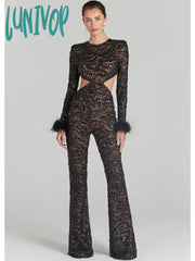 Lunivop Women Christmas Sexy Cut Out Feather Mesh Sequins Black Bodycon Jumpsuit High Street Rompers