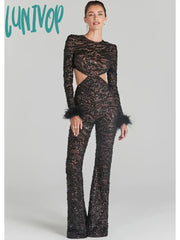 Lunivop Women Christmas Sexy Cut Out Feather Mesh Sequins Black Bodycon Jumpsuit High Street Rompers