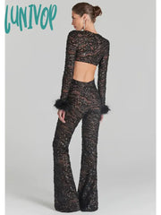 Lunivop Women Christmas Sexy Cut Out Feather Mesh Sequins Black Bodycon Jumpsuit High Street Rompers
