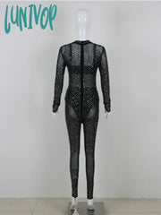 Lunivop Women Christmas Sexy Long Sleve Rhinestone Mesh Sequins Black Bodycon Jumpsuit High Street