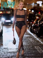 Lunivop Women Christmas Sexy Long Sleve Rhinestone Mesh Sequins Black Bodycon Jumpsuit High Street