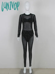 Lunivop Women Christmas Sexy Long Sleve Rhinestone Mesh Sequins Black Bodycon Jumpsuit High Street