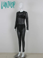 Lunivop Women Christmas Sexy Long Sleve Rhinestone Mesh Sequins Black Bodycon Jumpsuit High Street
