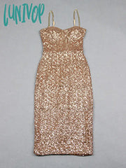 Lunivop Women Christmas Sexy Sleeveless Celebrity Mesh Sequins Gold Midi Sparkly Gowns Elegant