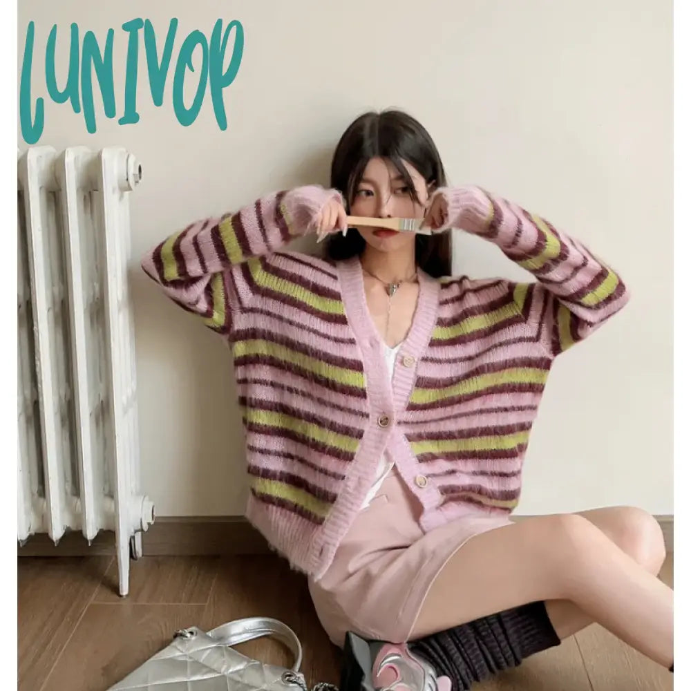 Lunivop Women Clothing Vintage Knitting Sweater Pink Chic Long Sleeve Casual Grey Fashion