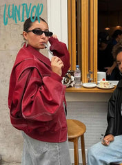 Lunivop Women Contrast Stitching Red Jacket Fashion Lapel Long Sleeve Zippered Leather Coat Autumn