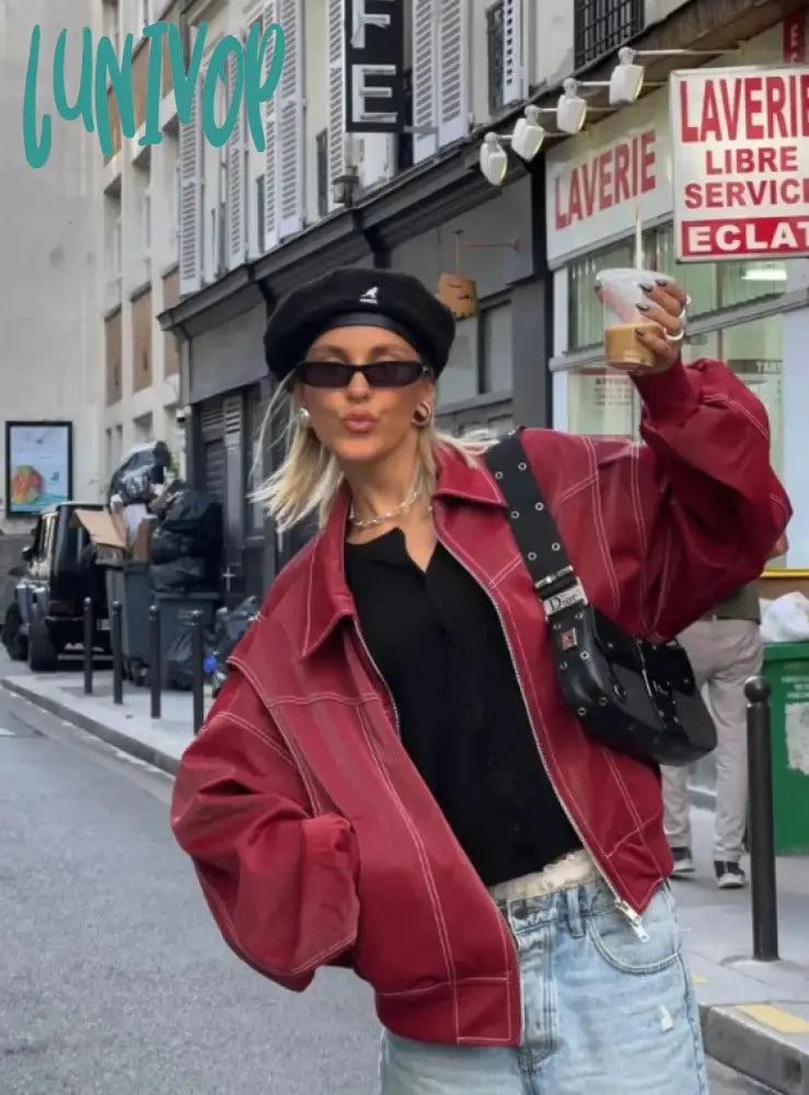 Lunivop Women Contrast Stitching Red Jacket Fashion Lapel Long Sleeve Zippered Leather Coat Autumn