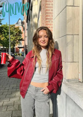 Lunivop Women Contrast Stitching Red Jacket Fashion Lapel Long Sleeve Zippered Leather Coat Autumn