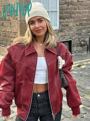 Lunivop Women Contrast Stitching Red Jacket Fashion Lapel Long Sleeve Zippered Leather Coat Autumn