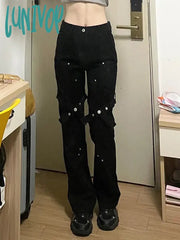 Lunivop Women Dark Academia Chic Japanese Goth Lace Up Design Denim Pants Hip-Pop Straight Leg Long