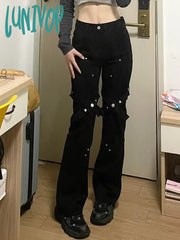 Lunivop Women Dark Academia Chic Japanese Goth Lace Up Design Denim Pants Hip-Pop Straight Leg Long