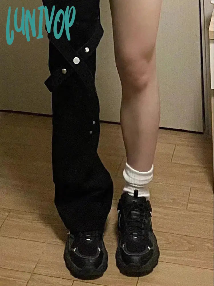 Lunivop Women Dark Academia Chic Japanese Goth Lace Up Design Denim Pants Hip-Pop Straight Leg Long