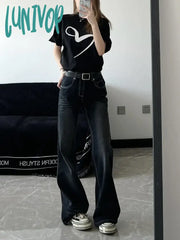 Lunivop Women Dark Academia Chic Japanese Goth Simple Vintage Black Denim Pants Straight Leg Long