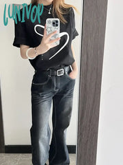 Lunivop Women Dark Academia Chic Japanese Goth Simple Vintage Black Denim Pants Straight Leg Long