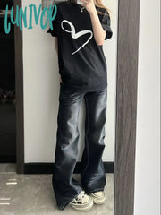 Lunivop Women Dark Academia Chic Japanese Goth Simple Vintage Black Denim Pants Straight Leg Long