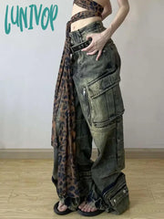 Lunivop Women Dark Academia Harajuku Fashion Mom Jeans Baggy Denim Pants Cyber Punk Hip-Pop Stacked