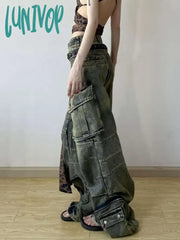 Lunivop Women Dark Academia Harajuku Fashion Mom Jeans Baggy Denim Pants Cyber Punk Hip-Pop Stacked