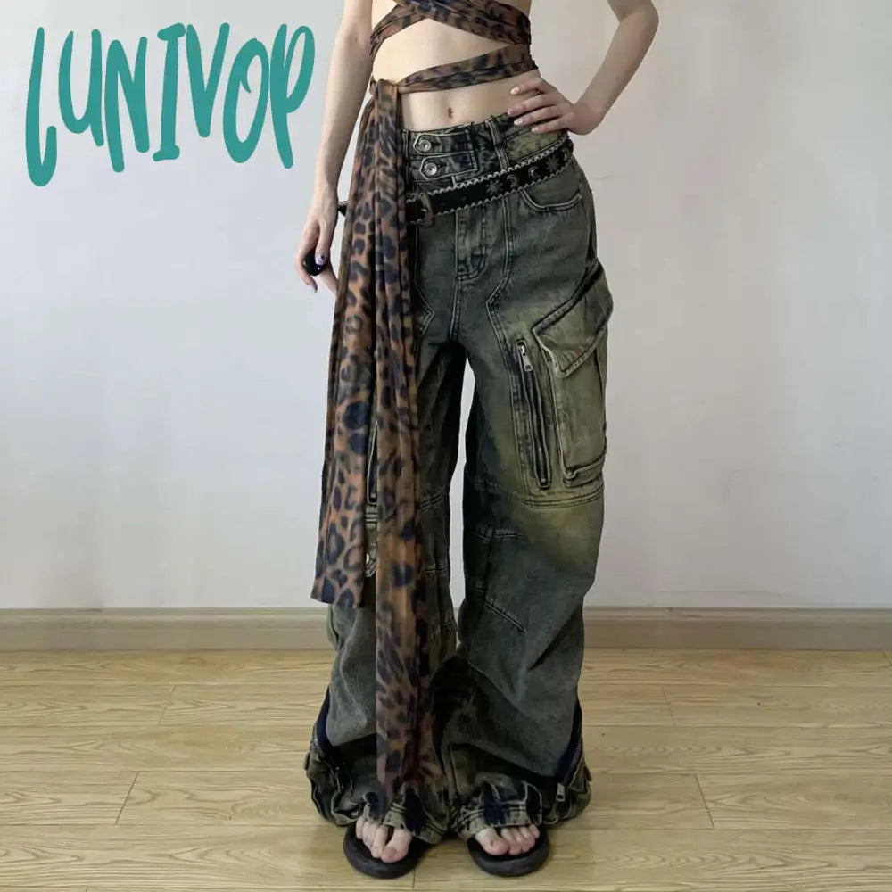 Lunivop Women Dark Academia Harajuku Fashion Mom Jeans Baggy Denim Pants Cyber Punk Hip-Pop Stacked