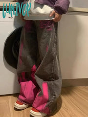 Lunivop Women Dark Academia Japanese Baggy Jeans Harajuku Goth Trashy Y2K Streetwear Graffiti Denim