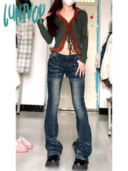Lunivop Women Dark Academia Japanese Goth Y2K Streetwear Slim Low Rise Flare Denim Pants Bell