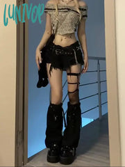 Lunivop Women Dark Academia Y2K Goth Harajuku Fashion Gyaru Kpop Jean Low Rise Shorts Ripped Denim