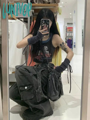 Lunivop Women Dark Academiaharajuku Fashion Baggy Chic Hip-Pop Multi-Pocket Stacked Jeans Wide Leg