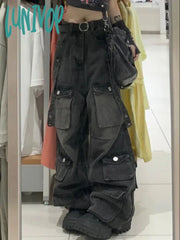 Lunivop Women Dark Academiaharajuku Fashion Baggy Chic Hip-Pop Multi-Pocket Stacked Jeans Wide Leg