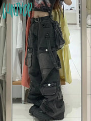 Lunivop Women Dark Academiaharajuku Fashion Baggy Chic Hip-Pop Multi-Pocket Stacked Jeans Wide Leg