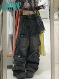 Lunivop Women Dark AcademiaHarajuku Fashion Baggy Chic Hip-pop Multi-Pocket Stacked Jeans Wide Leg Mom Jeans Grunge Denim Pants Y2k Goth
