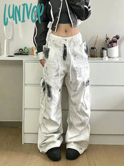 Lunivop Women Design Low Rise Denim Pants Hip-Pop Straight Leg Long Trousers American Vintage Gyaru